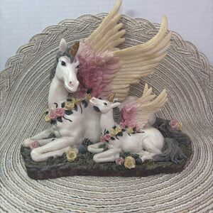 Vintage Whimsical Pegasus Unicorn Sculpture Mama and Baby Roses Statue